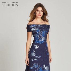 Large Floral Pattern Jacquard Off The Shoulder Gown - Navy Multi -